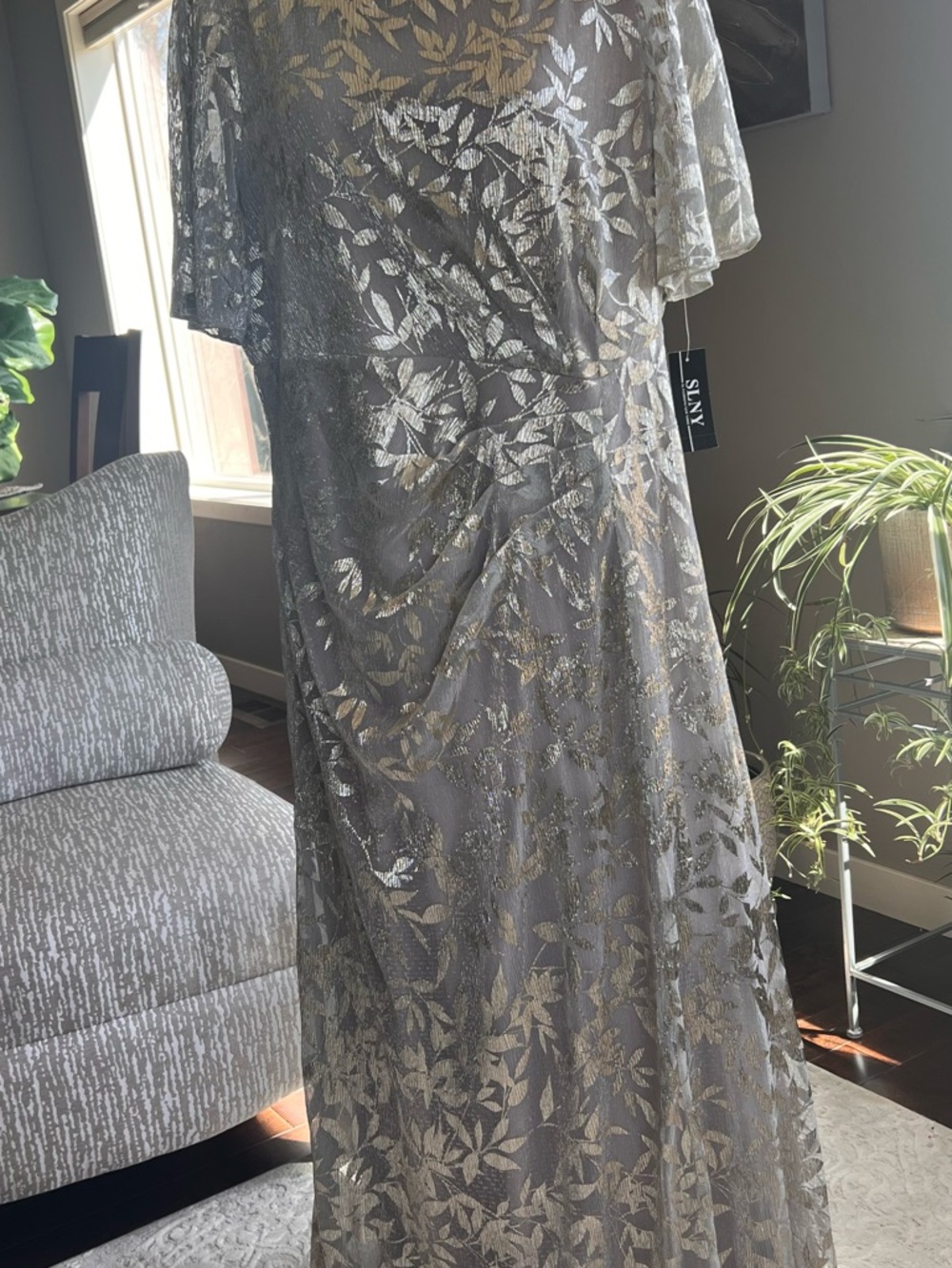 SLNY Silver and Gold Leaf-Pattern Maxi Dress